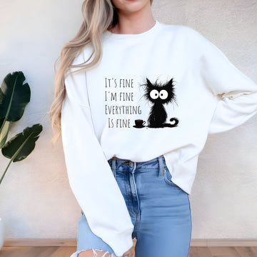 Funny Cat Sweatshirt – "It’s Fine I’m Fine" Graphic Crewneck