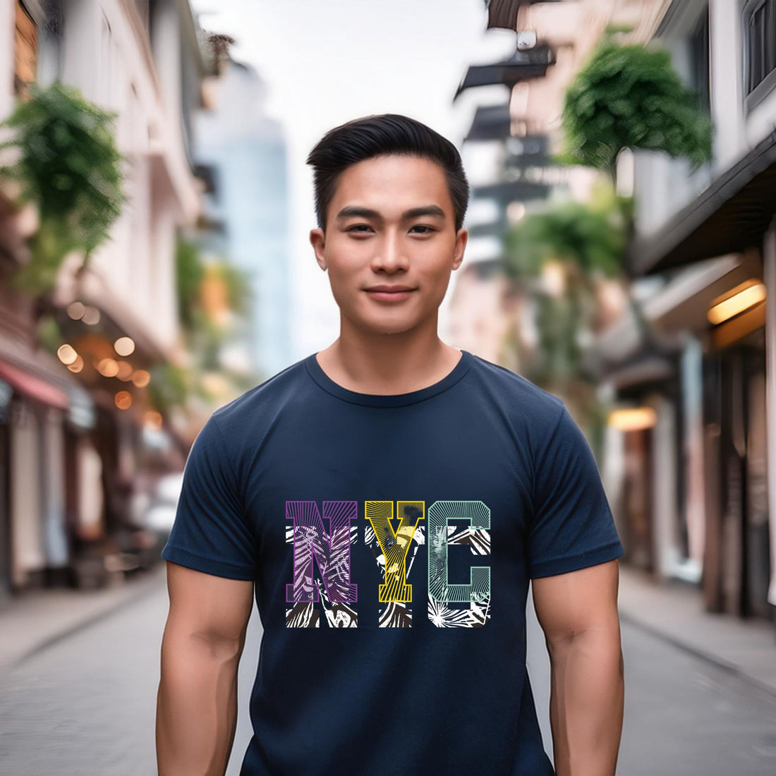 Man wearing a navy blue t-shirt with a colorful NYC graphic design in an urban setting.