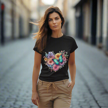 Butterfly Bloom Graphic T-Shirt – Vibrant Floral Heart Design