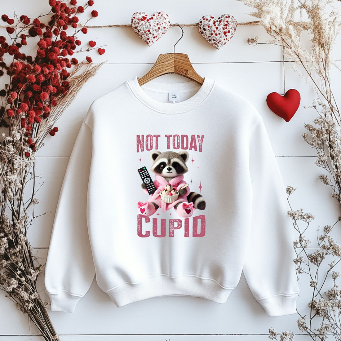 Black sweatshirt with a fox graphic and text 'Not Today Cupid,' designed for anti-Valentine’s Day humor.