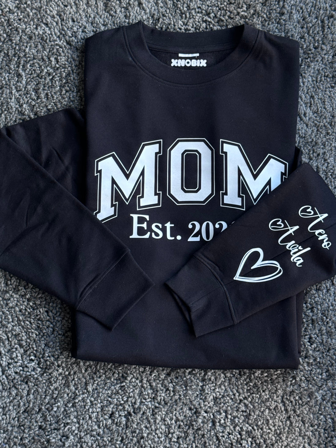 Custom Mom Est. Sweatshirt – Personalized Crew Neck with Kids' Names on Sleeve
