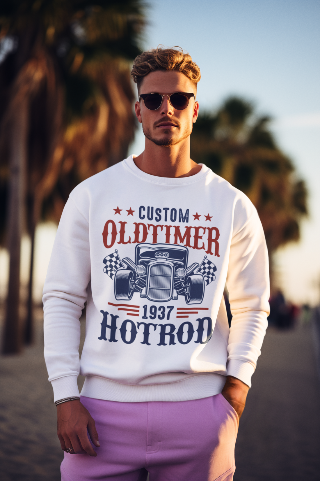  Vintage-Style Men’s Graphic Sweater – Old Timer Hotrod Design | XNOBIX