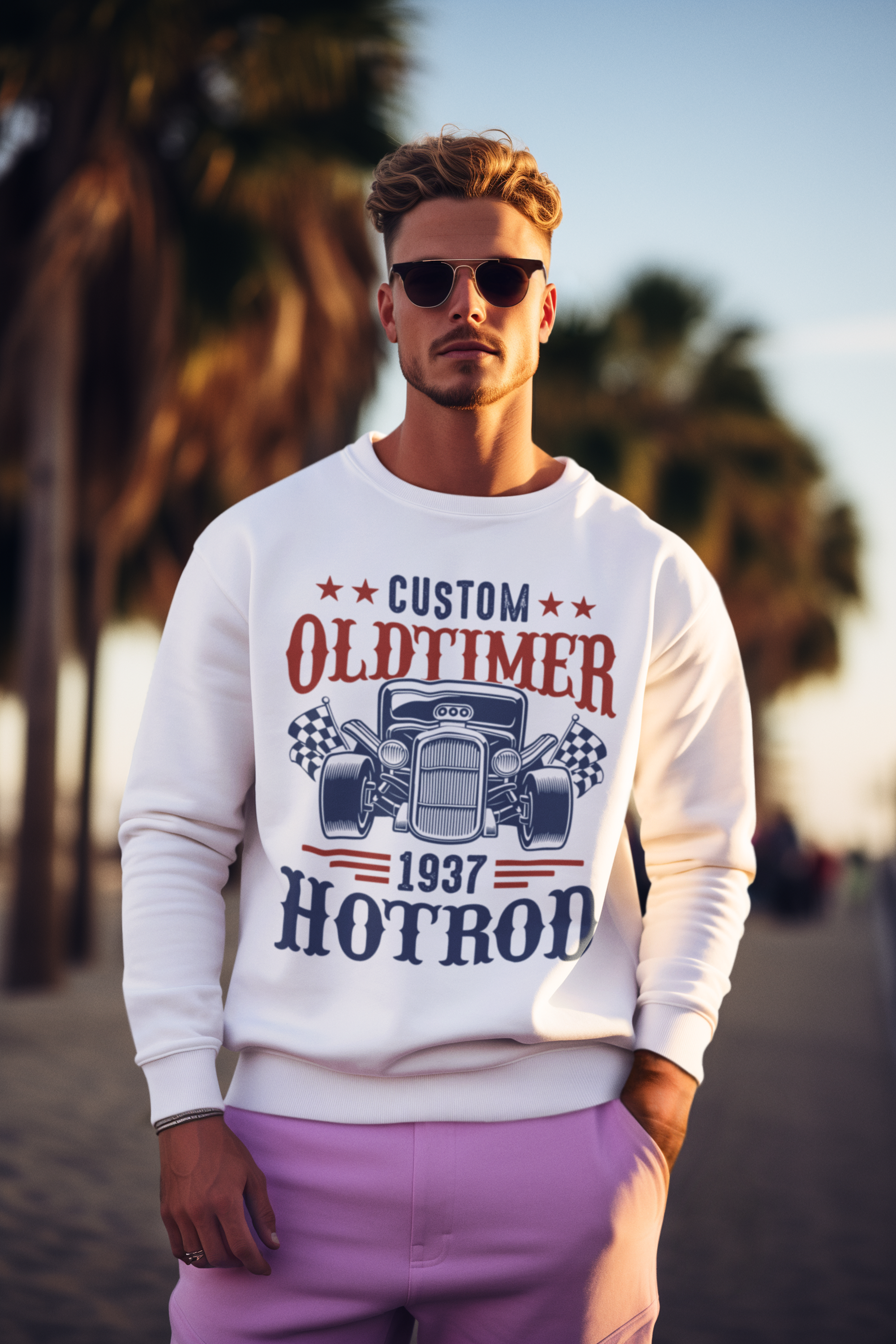  Vintage-Style Men’s Graphic Sweater – Old Timer Hotrod Design | XNOBIX