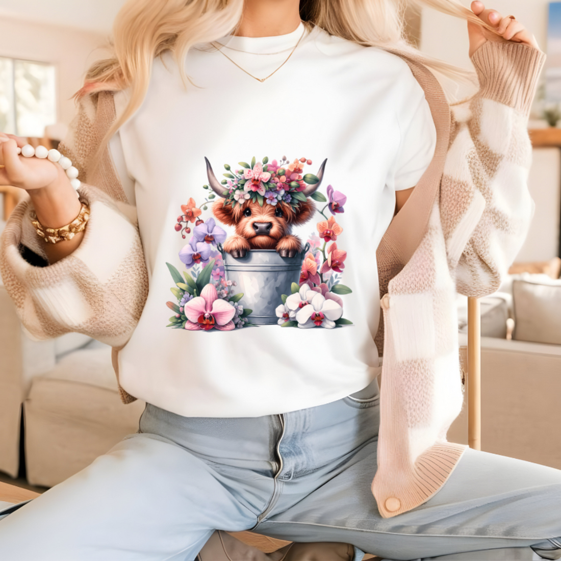Camiseta de mujer con estampado de Highland Cow, estilo country y boho-chic, ideal para amantes de los animales y la moda rústica