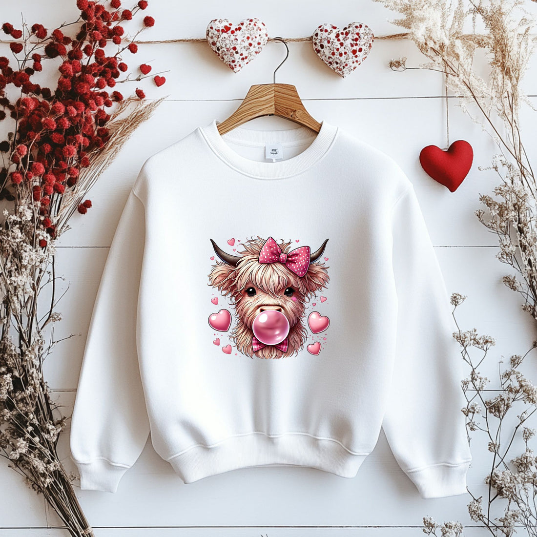 Black sweatshirt with a highland cow graphic wearing a pink bow and blowing bubblegum, surrounded by pink hearts.