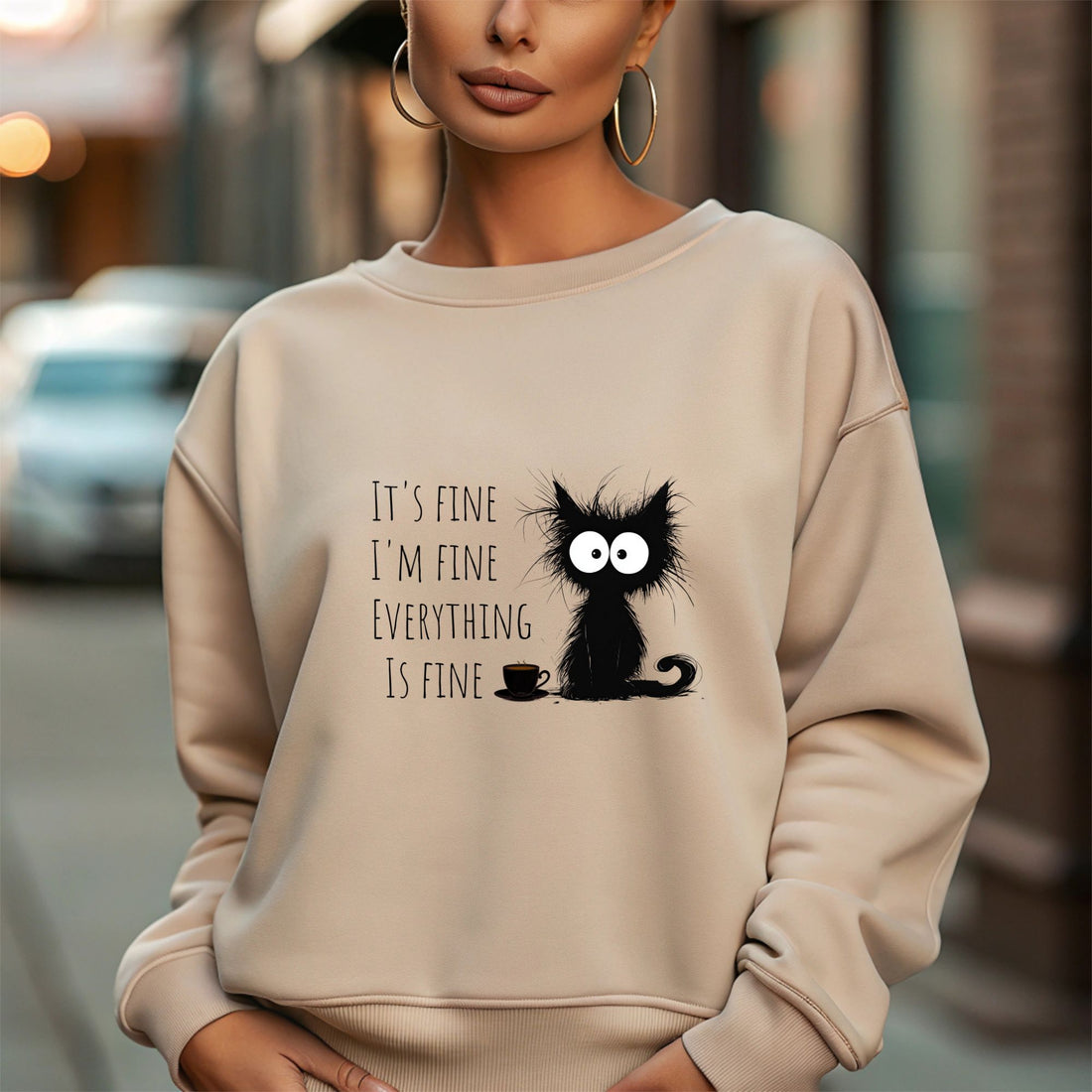  Funny Cat Sweatshirt – "It’s Fine I’m Fine" Graphic Crewneck