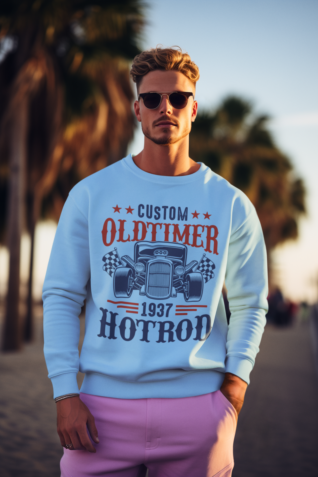  Vintage-Style Men’s Graphic Sweater – Old Timer Hotrod Design | XNOBIX