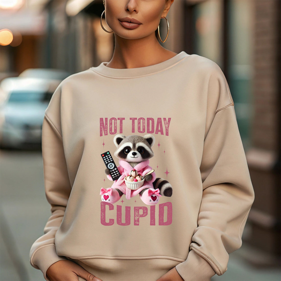 Black sweatshirt with a fox graphic and text 'Not Today Cupid,' designed for anti-Valentine’s Day humor.