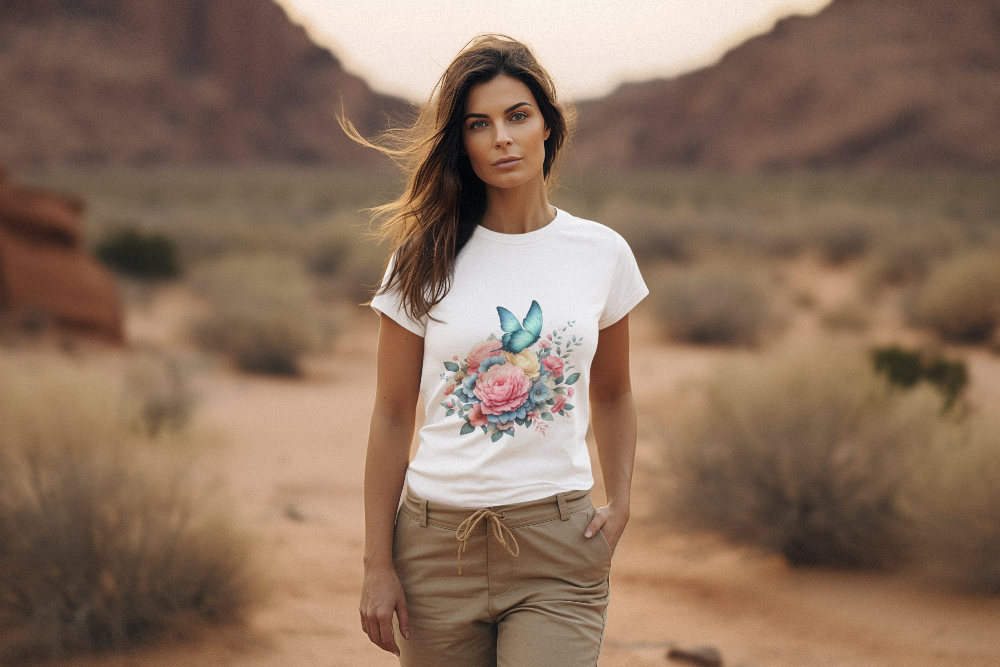 Flowers and Butterfly Short Sleeve T-Shirt | Durable and Long-Lasting Graphic Tees for Women