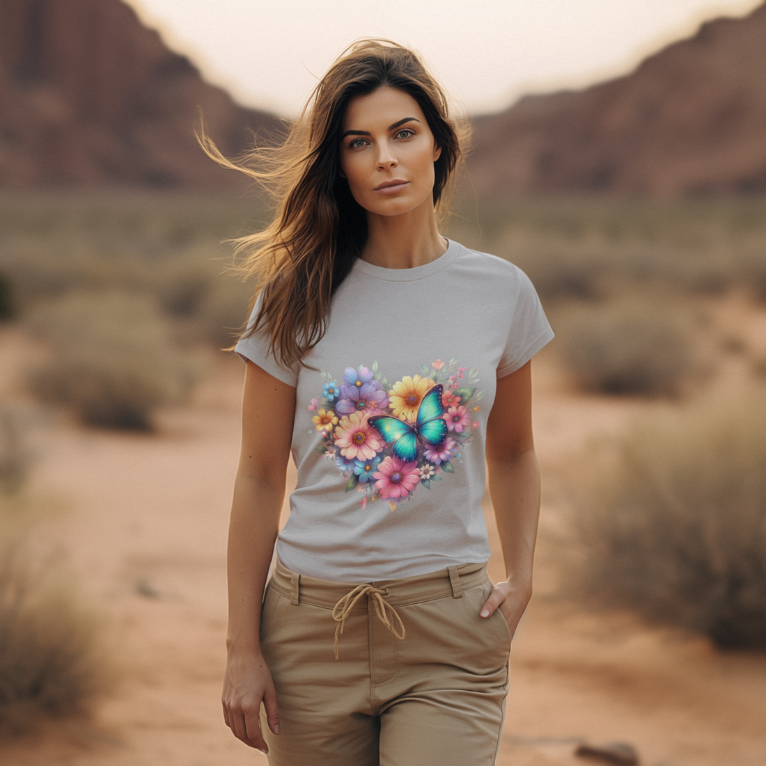 Butterfly Bloom Graphic T-Shirt – Vibrant Floral Heart Design