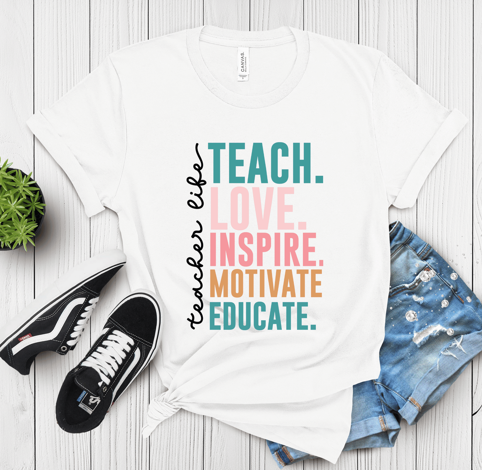 Teach Love Inspire Motivate Educate T-shirt – Stylish and comfortable teacher apparel